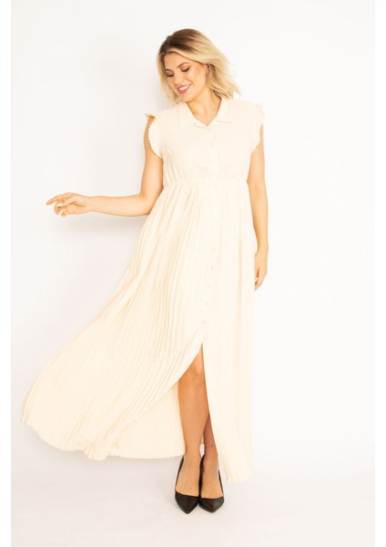 Kadın Pudra Eteği ve Kol Ağzı Pilise Detaylı Ön Düğmeli Elbise