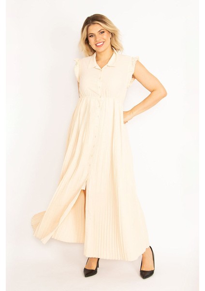 Kadın Pudra Eteği ve Kol Ağzı Pilise Detaylı Ön Düğmeli Elbise fiyatları