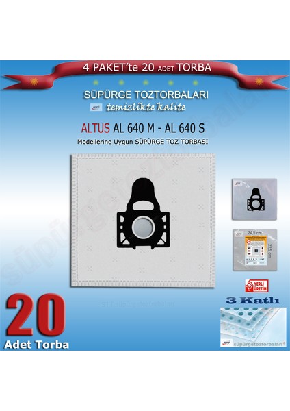 Altus Al 640 M - Al 640 S Modellerine Uygun 20 Adet Süpürge Toz Torbası 200720 modelleri