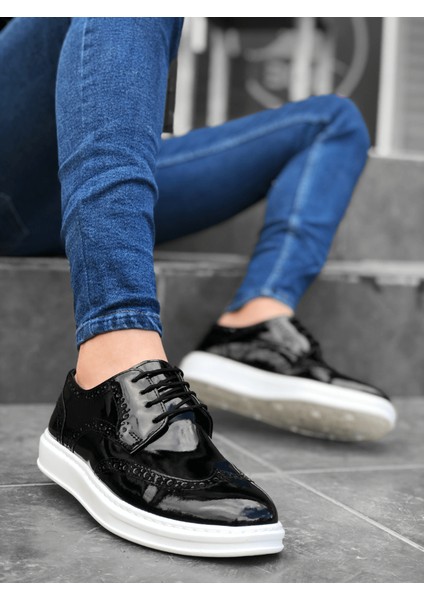 Ba0003 Bağcıklı Klasik Siyah Beyaz Taban Rugan Yüksek Taban Casual Erkek Ayakkabı