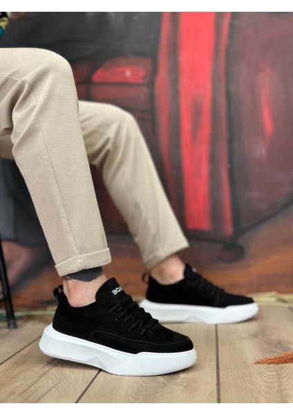 Ba0332 Merdiven Desen Bağcıklı Erkek Yüksek Taban Siyah Süet Beyaz Taban Spor Ayakkabı