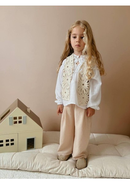 Yigit Butik Triko Yelekli Keten Kumaş Kız Çocuk Takım