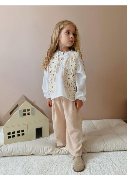 Yigit Butik Triko Yelekli Keten Kumaş Kız Çocuk Takım