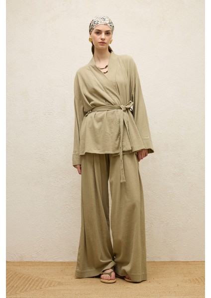 Pamuklu Kemerli Kimono Çağla
