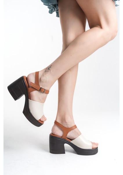 Deri Krem Taba 10 cm Platform Tek Bant Kadın Sandalet TMD202499