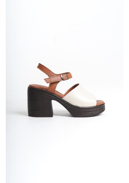 Deri Krem Taba 10 cm Platform Tek Bant Kadın Sandalet TMD202499