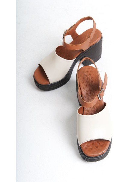 Deri Krem Taba 10 cm Platform Tek Bant Kadın Sandalet TMD202499