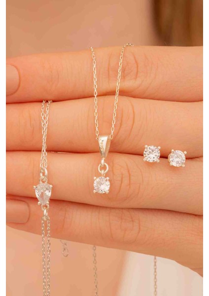 925 Ayar Zirkon Tek Taşlı Gümüş Set
