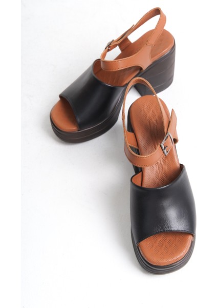 Deri Siyah Taba 10 cm Platform Ortopedik Tekbant Kadın Terlik TMD202499