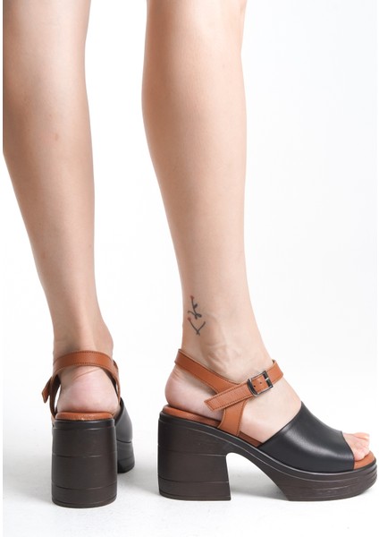 Deri Siyah Taba 10 cm Platform Ortopedik Tekbant Kadın Terlik TMD202499
