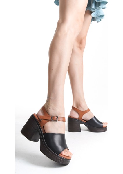 Deri Siyah Taba 10 cm Platform Ortopedik Tekbant Kadın Terlik TMD202499