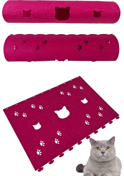 Kedi Tüneli Oyuncağı 1. Kalite 3mm Keçeden Geçmeli 9 Renk Seçenekli 98 cm Kedi ve Pati Figürlü