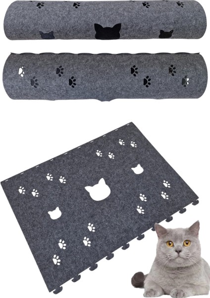 Kedi Tüneli Oyuncağı 1. Kalite 3mm Keçeden Geçmeli 9 Renk Seçenekli 98 cm Kedi ve Pati Figürlü