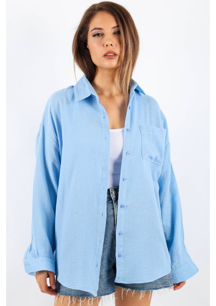 Kadın Yumuşak Müslin Kumaş Uzun Açık Mavi Oversize Gömlek