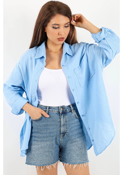 Kadın Yumuşak Müslin Kumaş Uzun Açık Mavi Oversize Gömlek