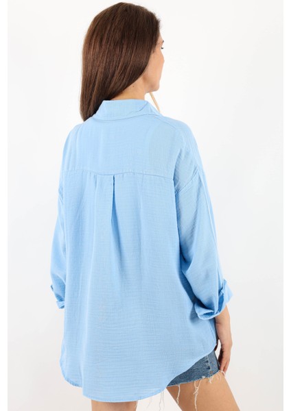 Kadın Yumuşak Müslin Kumaş Uzun Açık Mavi Oversize Gömlek