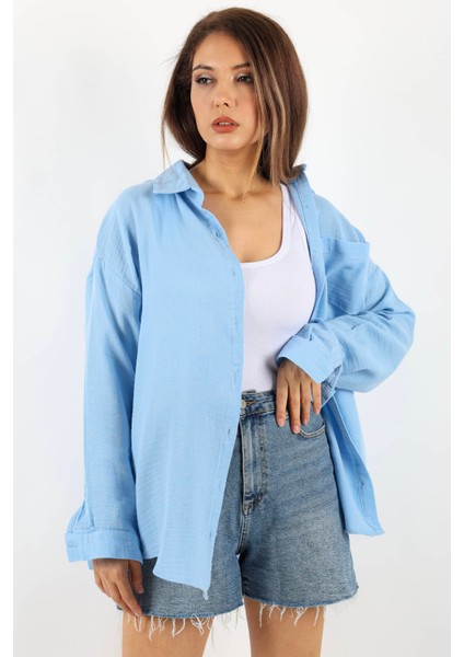 Kadın Yumuşak Müslin Kumaş Uzun Açık Mavi Oversize Gömlek