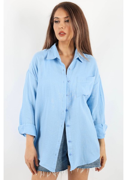 Kadın Yumuşak Müslin Kumaş Uzun Açık Mavi Oversize Gömlek