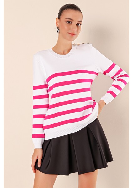 15820 Düğme Detay Çizgili Kazak - C. Fuşya