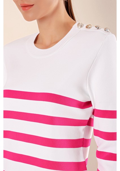 15820 Düğme Detay Çizgili Kazak - C. Fuşya fiyatları