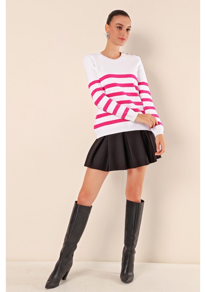 15820 Düğme Detay Çizgili Kazak - C. Fuşya modelleri