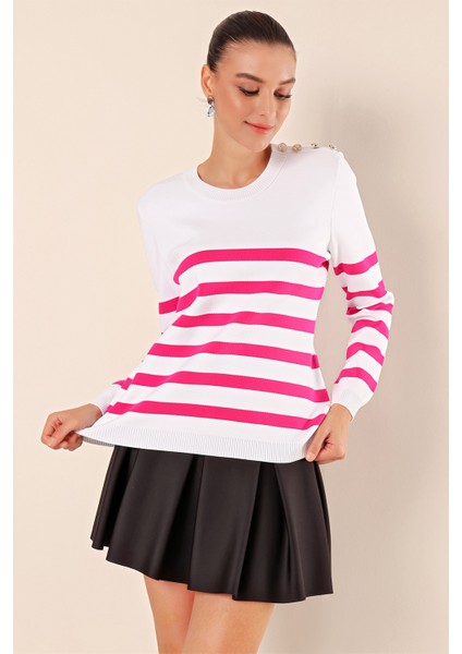 15820 Düğme Detay Çizgili Kazak - C. Fuşya fırsatları