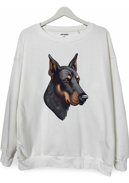 Doberman Baskılı Bisiklet Yaka Oversize Sweatshirt