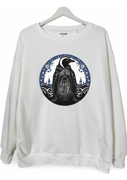 Gotik Penguen Baskılı Bisiklet Yaka Oversize Sweatshirt