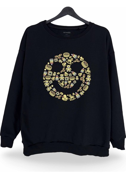Gülücük Emojili Sevimli Ikonlar Baskılı Bisiklet Yaka Oversize Sweatshirt