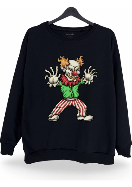 Şeytan Palyaço Baskılı Bisiklet Yaka Oversize Sweatshirt