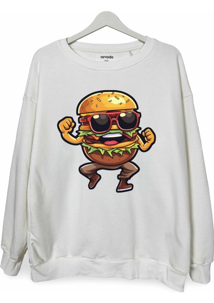 Dansçı Hamburger Baskılı Bisiklet Yaka Oversize Sweatshirt