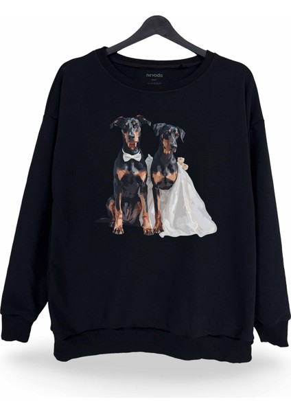 Doberman Çifti Baskılı Bisiklet Yaka Oversize Sweatshirt