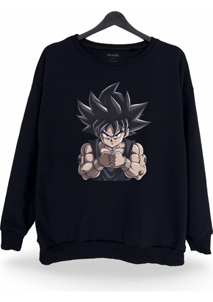 Geniş Goku Dragon Ball Baskılı Bisiklet Yaka Oversize Sweatshirt
