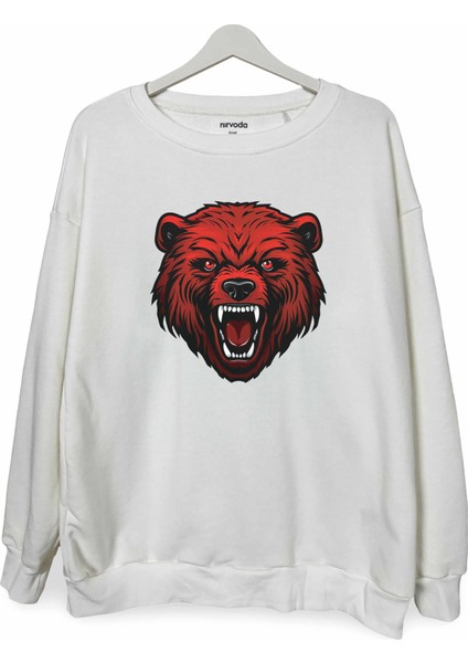 Kırmızı Ayı Baskılı Bisiklet Yaka Oversize Sweatshirt