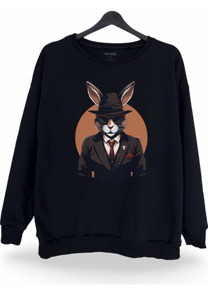 Gangsta Tavşan Baskılı Bisiklet Yaka Oversize Sweatshirt