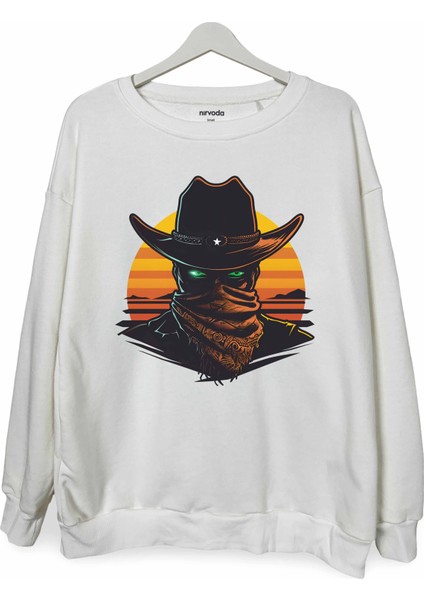 Esrarengiz Western Erkek Kovboy Baskılı Bisiklet Yaka Oversize Sweatshirt