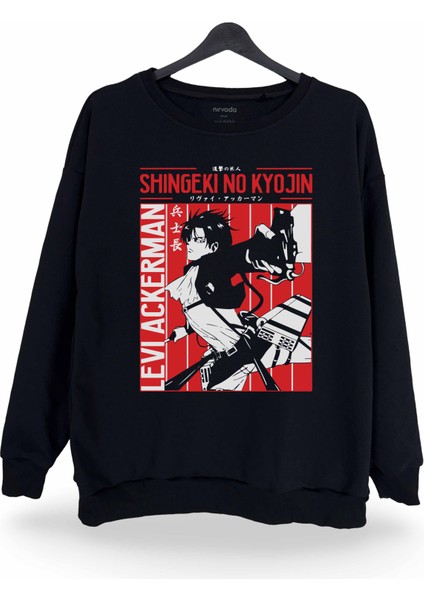 Levi Ackerman Shingeki No Kyojin Baskılı Bisiklet Yaka Oversize Sweatshirt Anime Manga Siyah