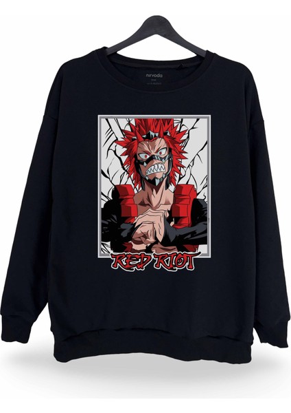 Kirishima Red Riot My Hero Academia Baskılı Bisiklet Yaka Oversize Sweatshirt Anime Manga