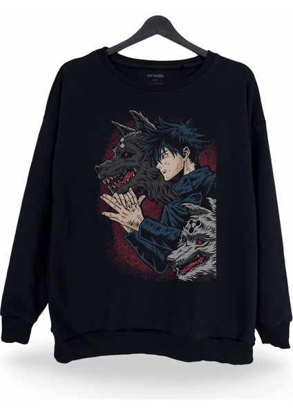 Kurt Jujutsu Kaisen Baskılı Bisiklet Yaka Oversize Sweatshirt Anime Manga Siyah