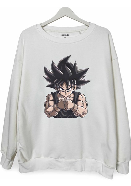 Geniş Goku Dragon Ball Baskılı Bisiklet Yaka Oversize Sweatshirt