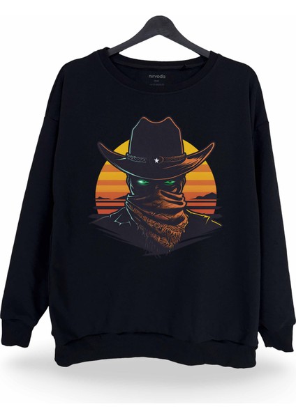 Esrarengiz Western Erkek Kovboy Baskılı Bisiklet Yaka Oversize Sweatshirt