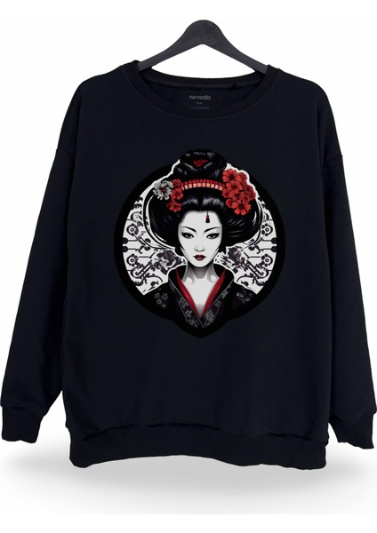 Geisha Baskılı Bisiklet Yaka Oversize Sweatshirt