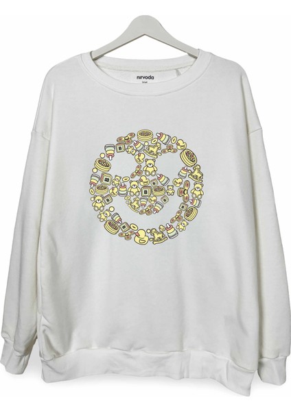 Gülücük Emojili Sevimli Ikonlar Baskılı Bisiklet Yaka Oversize Sweatshirt