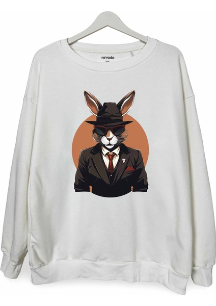 Gangsta Tavşan Baskılı Bisiklet Yaka Oversize Sweatshirt