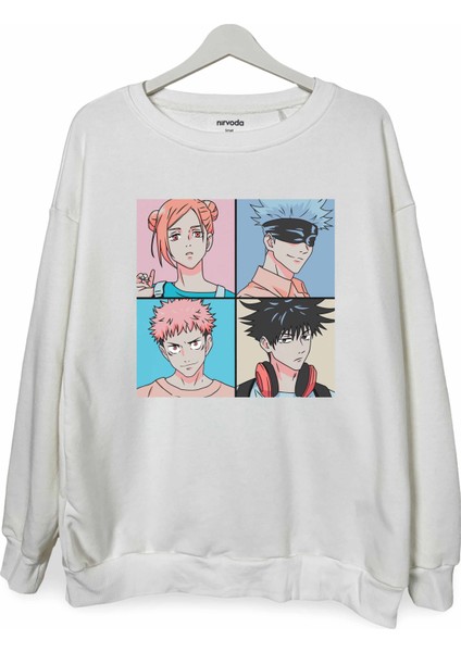 Jujutsu Kaisen Karakterleri Baskılı Bisiklet Yaka Oversize Sweatshirt Anime Manga