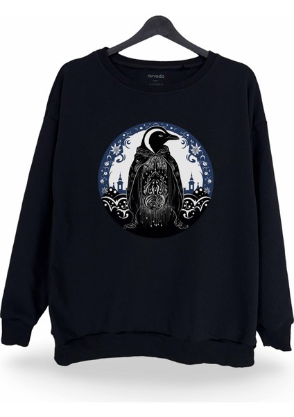 Gotik Penguen Baskılı Bisiklet Yaka Oversize Sweatshirt