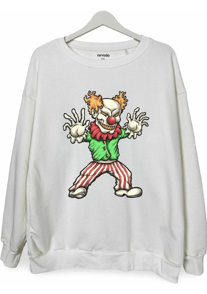 Şeytan Palyaço Baskılı Bisiklet Yaka Oversize Sweatshirt