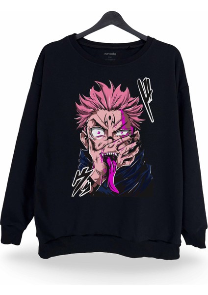 Sukuna Jujutsu Kaisen Çizim Baskılı Bisiklet Yaka Oversize Sweatshirt Anime Manga