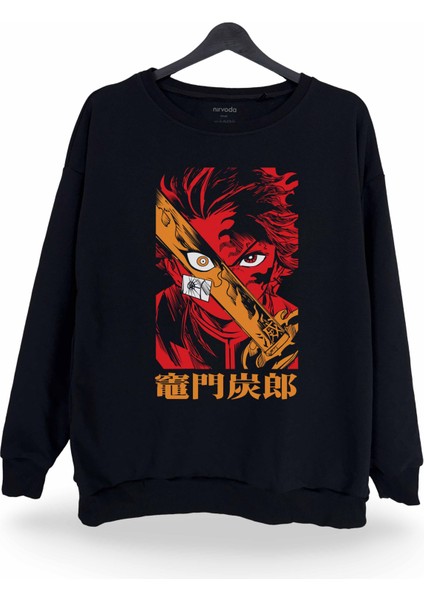 Tanjiro Kamado Demon Slayer Baskılı Bisiklet Yaka Oversize Sweatshirt Anime Manga Siyah