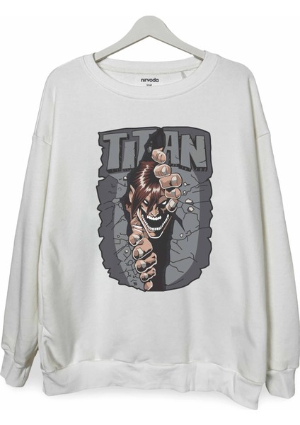 Titan Baskılı Bisiklet Yaka Oversize Sweatshirt Anime Manga